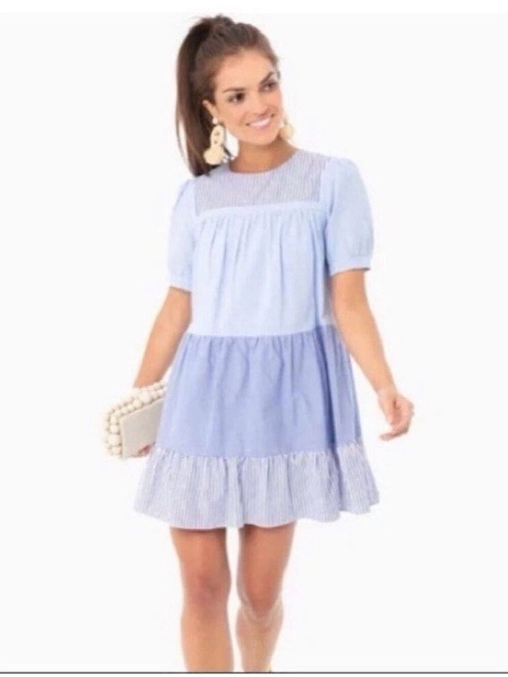 Pomander Place Tuckernuck Quinn Swing Dress XS Blue Tiered Striped Preppy A-line